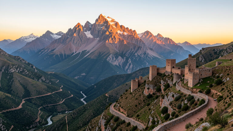 Panorama réunissant le mont Toubkal au Maroc et un sentier de randonnée menant vers les citadelles des Corbières, dans une lumière chaude de lever du soleil.