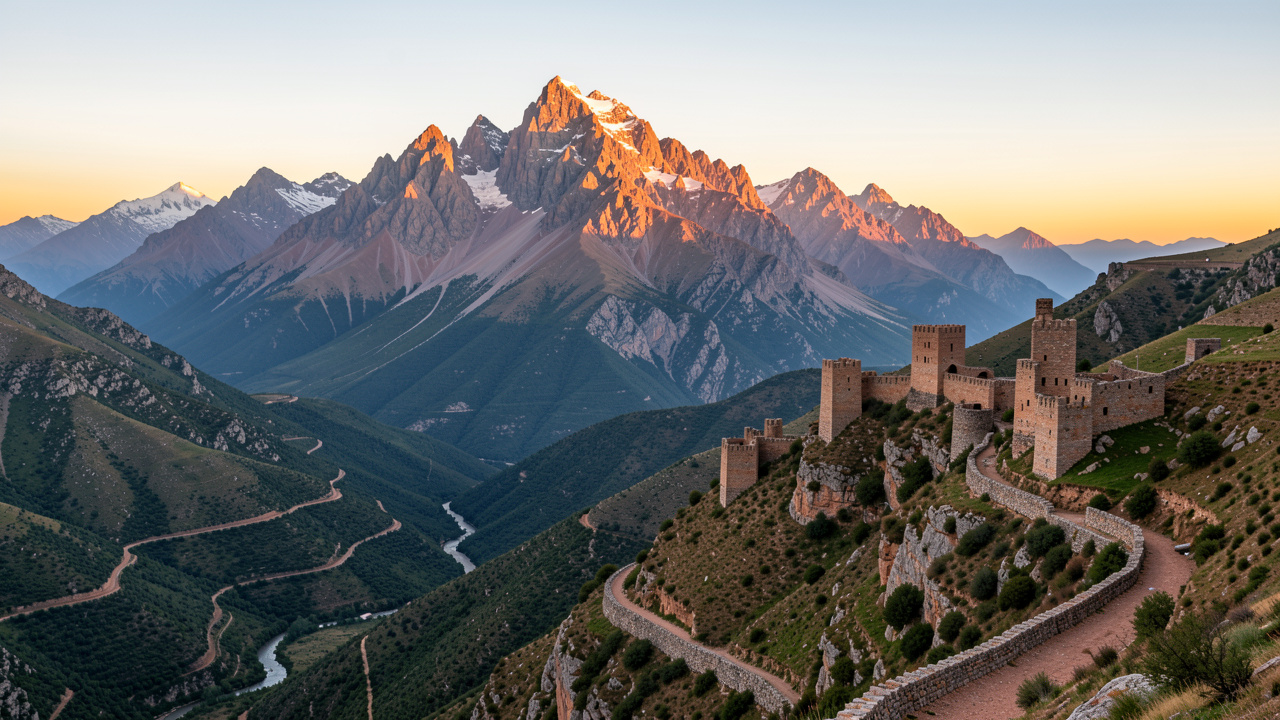Panorama réunissant le mont Toubkal au Maroc et un sentier de randonnée menant vers les citadelles des Corbières, dans une lumière chaude de lever du soleil.