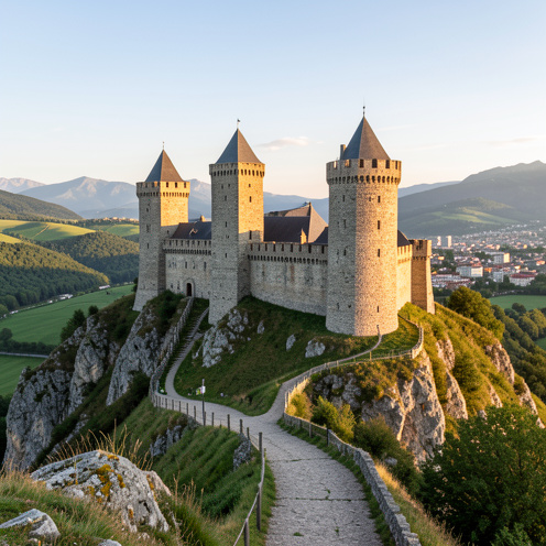 Vue du château médiéval de Foix, perché sur une colline et entouré par les paysages verdoyants des Pyrénées.